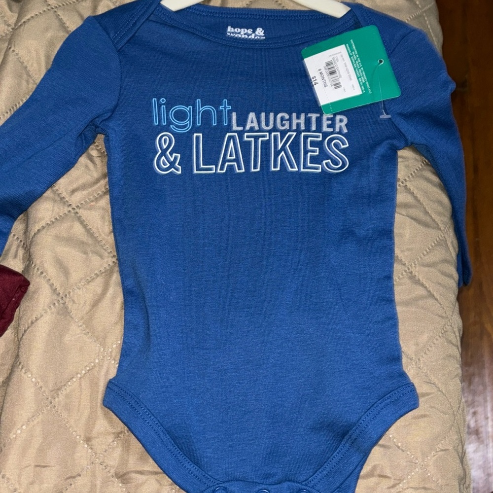 Laughter & LATKES 6 month long sleeve blue onesie hope & wonder light